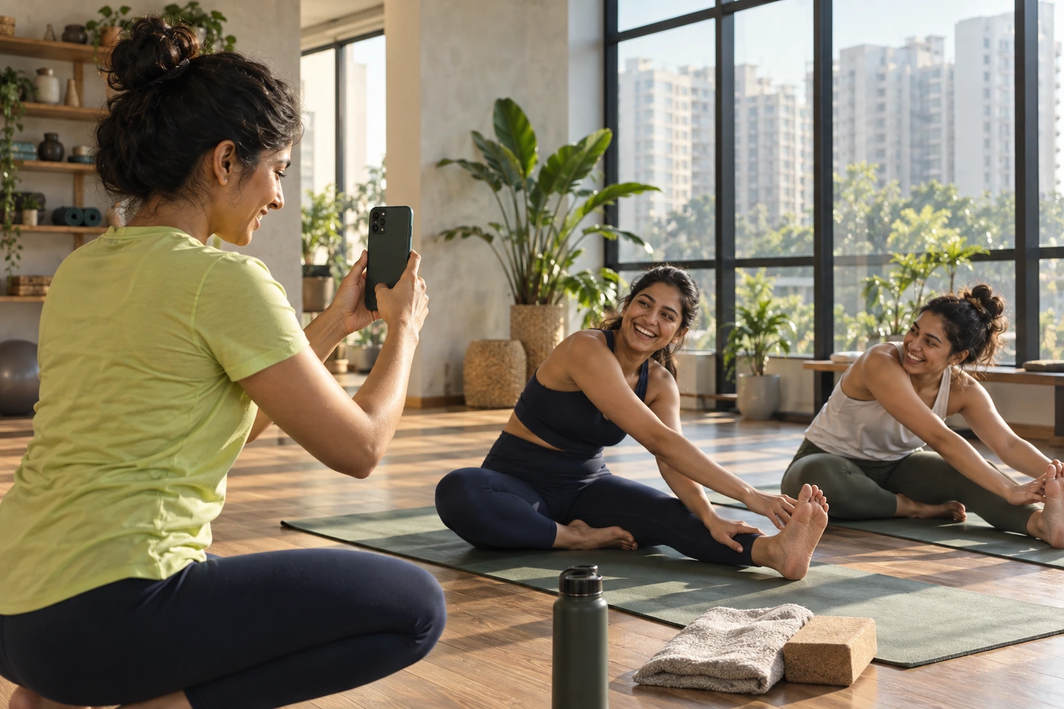 A local creator films two friends sharing a stretch in a sunlit studio.