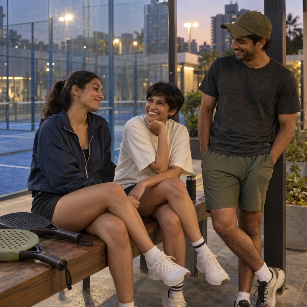Three friends share a laugh beside a padel court.