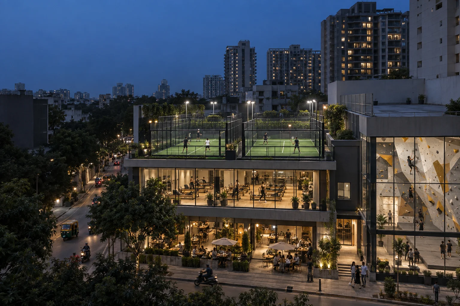 An urban Indian neighbourhood with courts, studios, a café and places for creators to gather.