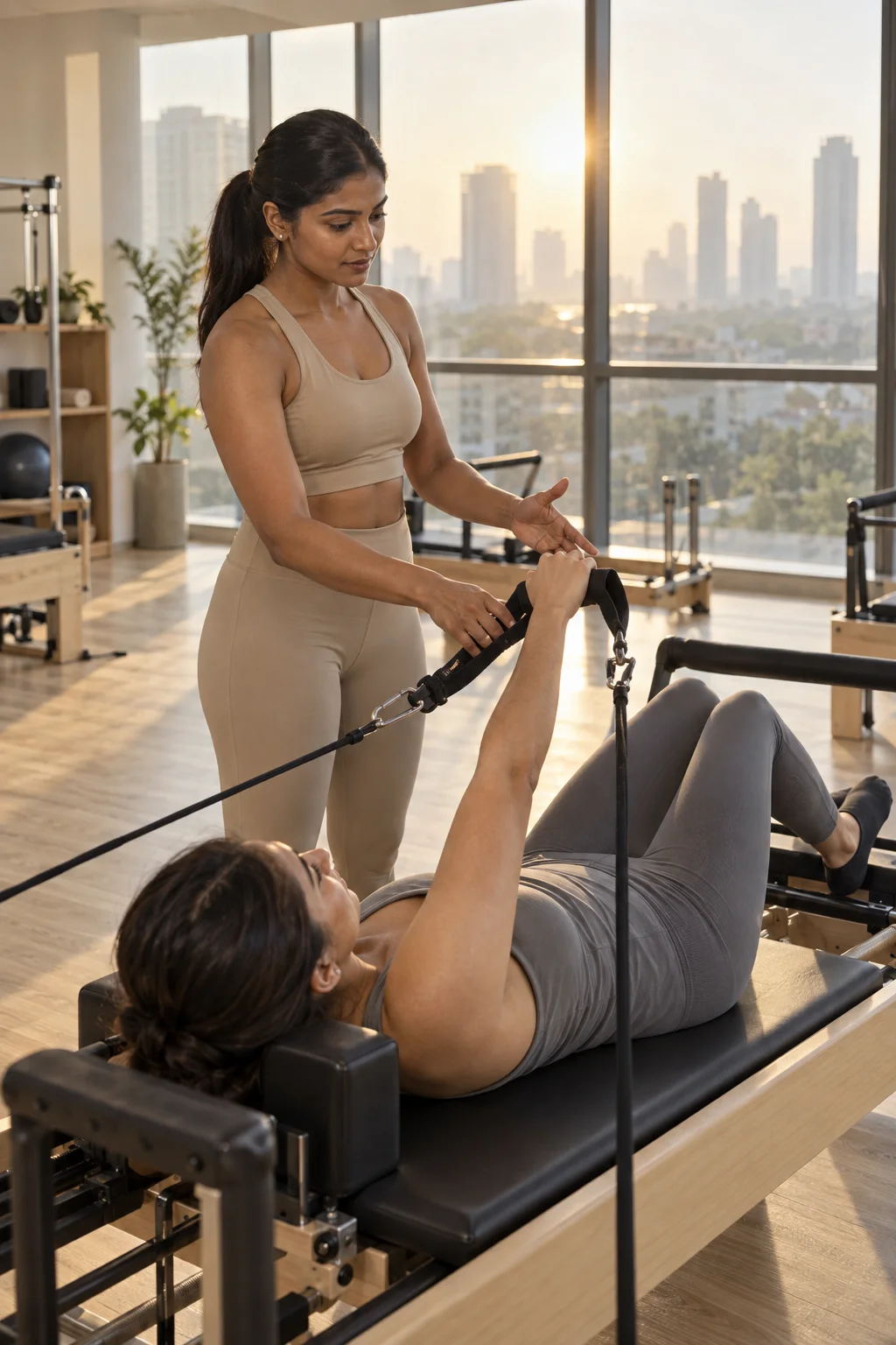 A creator welcomes a group in a neighbourhood Pilates studio.